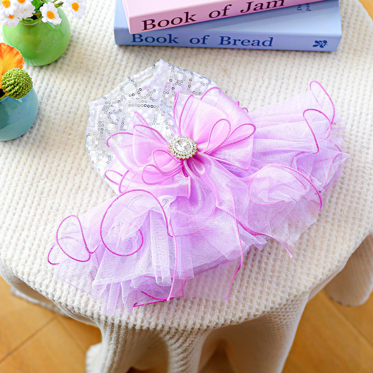 Princess Dog Dress with Sequin Top & Tulle Bow – Elegant Tutu Outfit