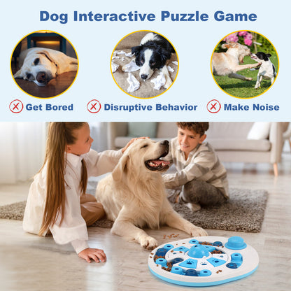 Interactive dog puzzle game graphic with a blue slow feeder toy and family dog