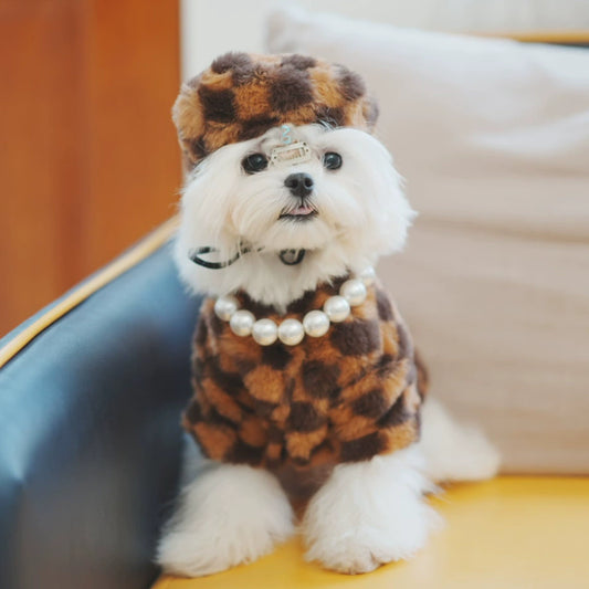 Pet Faux Fur Coat Checkered Plush Outfit with Hat