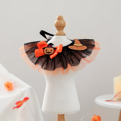 Front view of layered orange and black Halloween pet neck ruffle