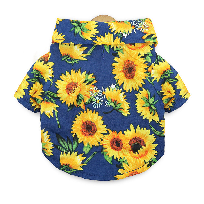 Blue sunflower dog shirt with yellow flower print