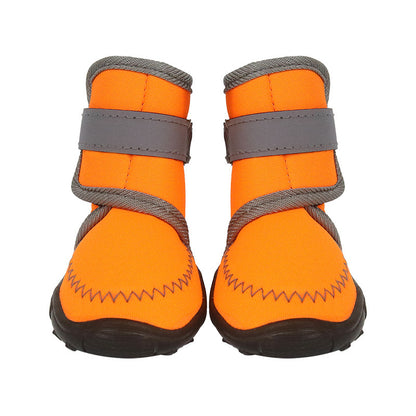Orange Dog Boots with Hook-and-Loop Straps - pair of orange dog boots with gray straps and black soles
