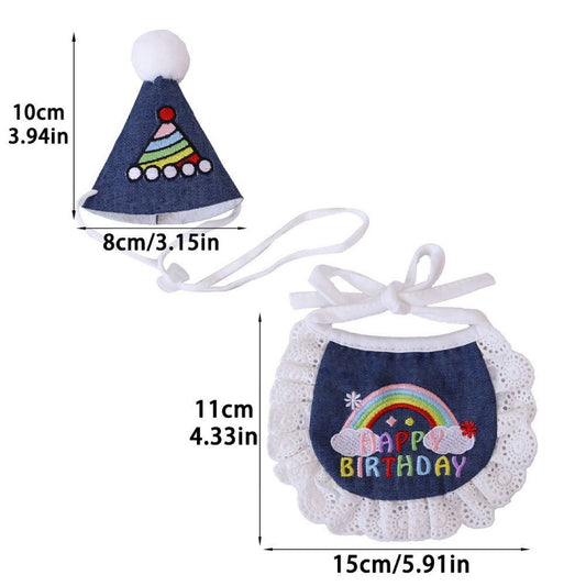 Pet birthday cone hat+bib set(rainbow denim)