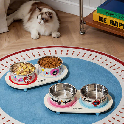 Two elevated double pet bowl designs with stainless steel inserts for dogs and cats
