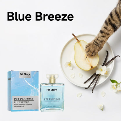 Blue Breeze pet perfume spray with 100 ml blue bottle, box, pear, vanilla, flowers, and cat paw
