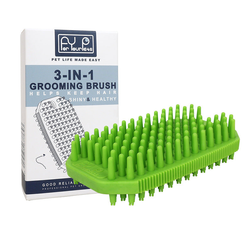 Green 3-in-1 silicone pet grooming brush with white product box