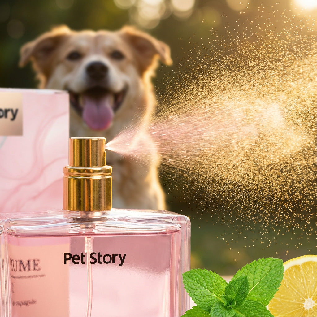 Close-up Pink Mist pet perfume spray bottle misting outdoors with dog in background