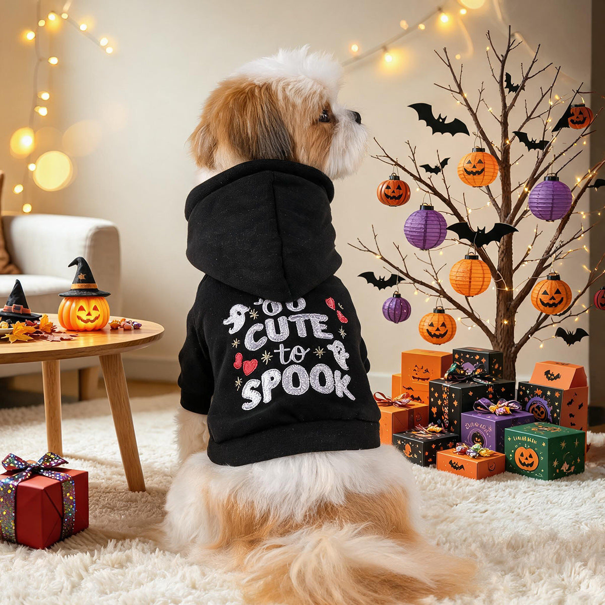 Small dog modeling black Too Cute to Spook Halloween hoodie from the back