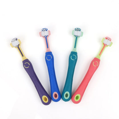 Four pet toothbrush color options laid flat on white background