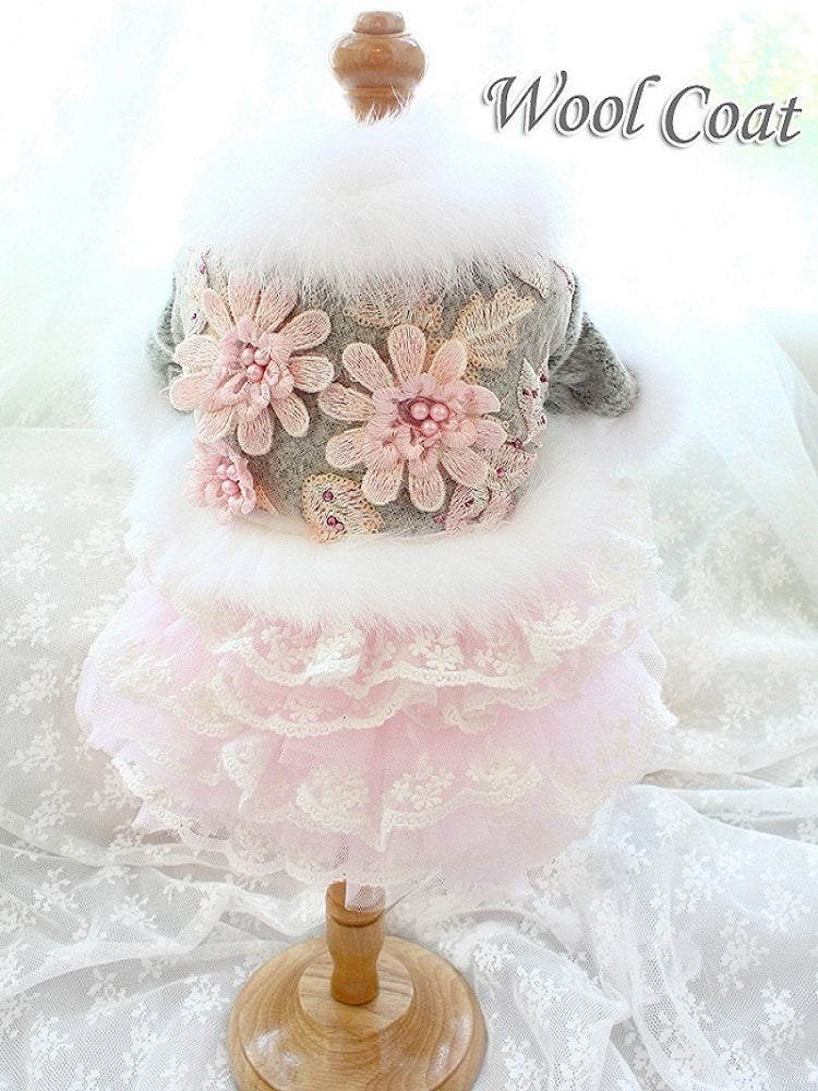 Elegant Floral Wool Dog Coat Dress with Faux Fur and Lace Tulle Skirt Pet Clothes