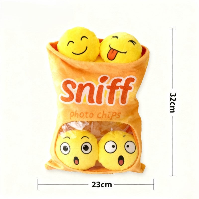 Orange potato chip bag plush puzzle dog toy measuring 23 by 32 cm