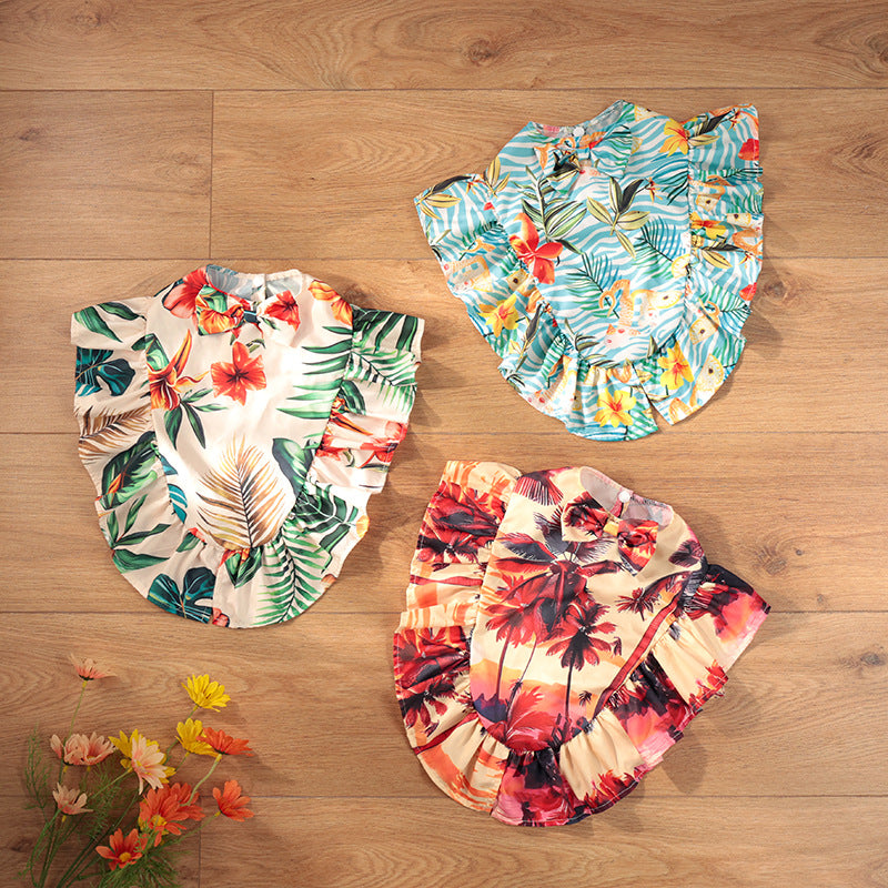 Tropical Hawaiian dog dress with blue floral print