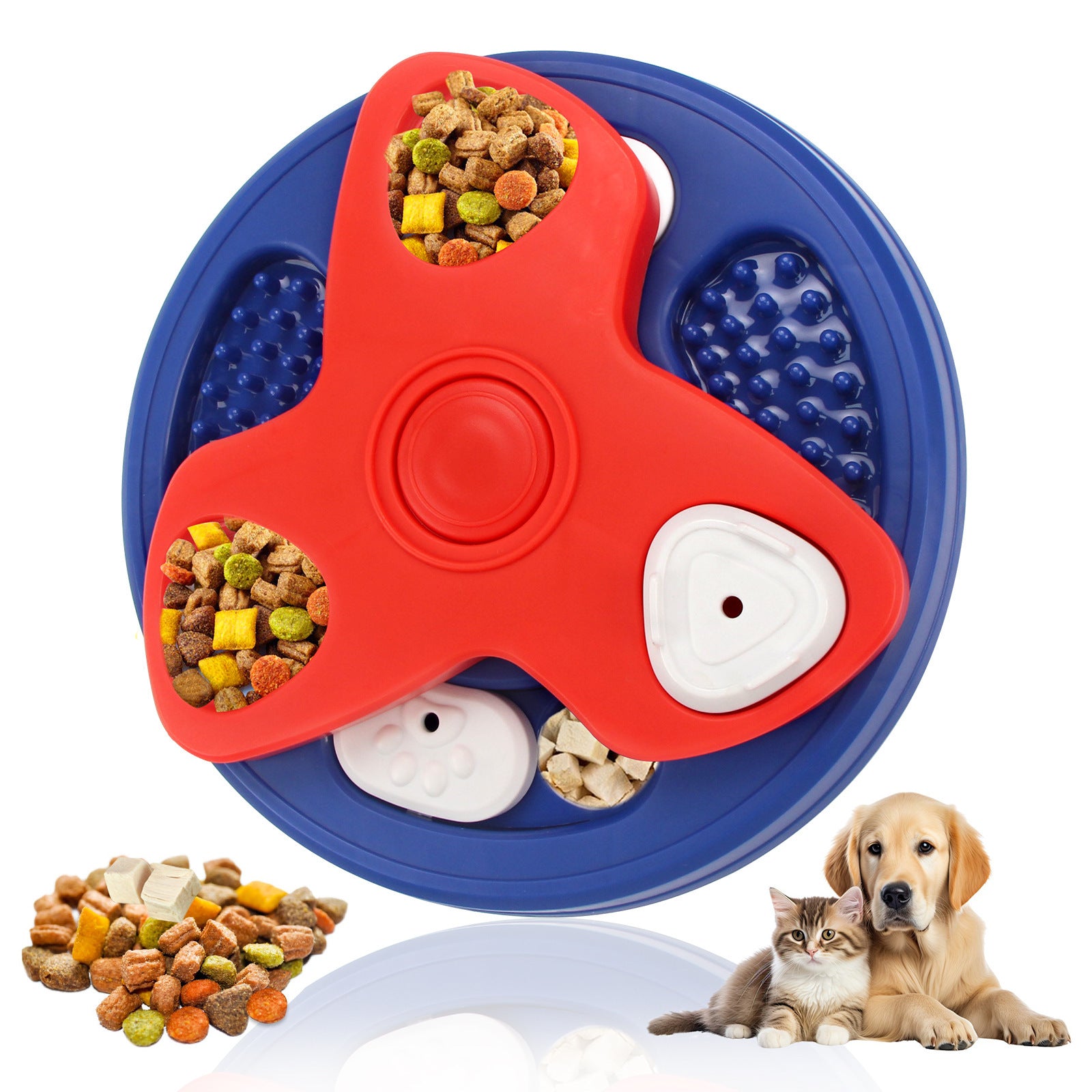 Red blue spinner dog puzzle feeder toy with treat pockets and white covers
