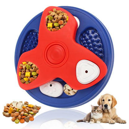 Red blue spinner dog puzzle feeder toy with treat pockets and white covers