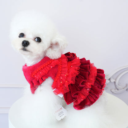 Pet Velvet Layered Tulle Dress with Bow