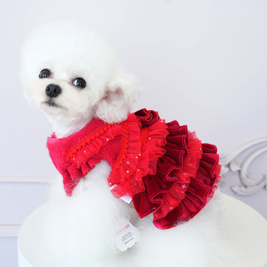 Pet Velvet Layered Tulle Dress with Bow