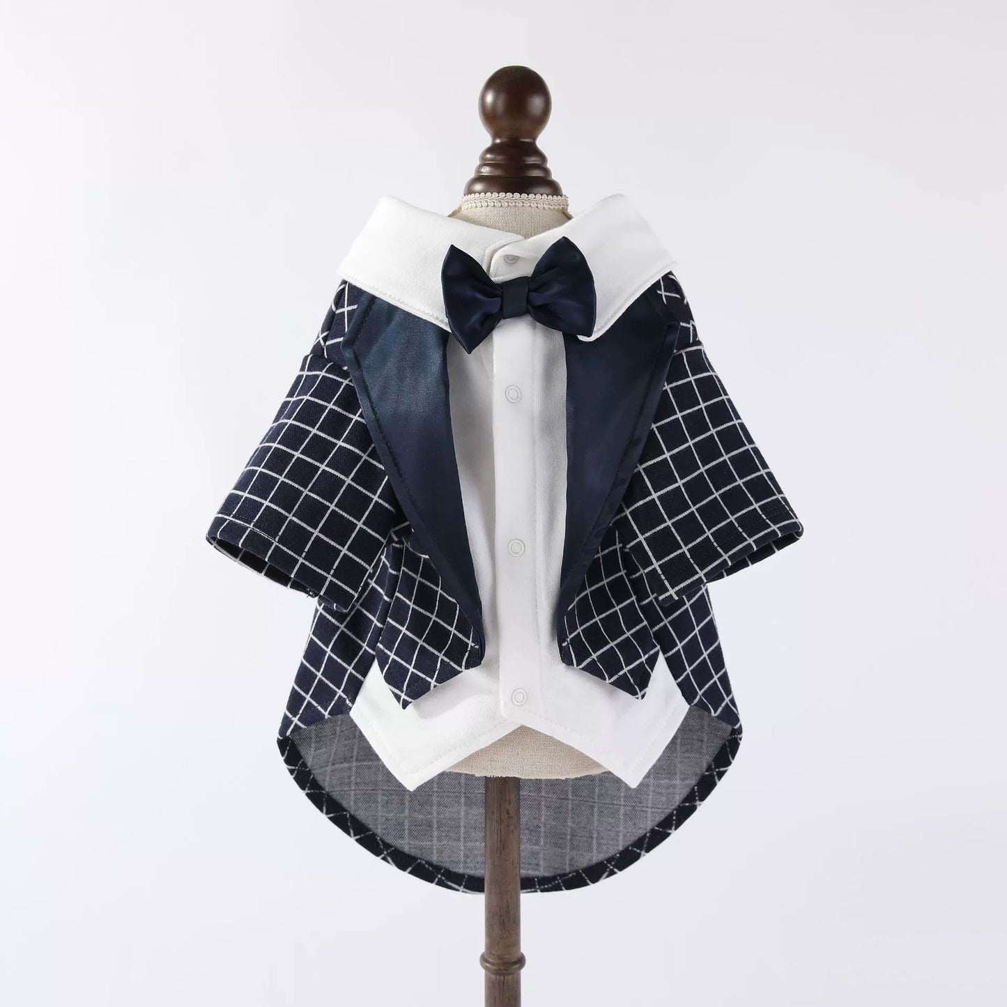 Plaid Tuxedo Dog Suit Outfit with Shirt Bow Tie(Layered-look)