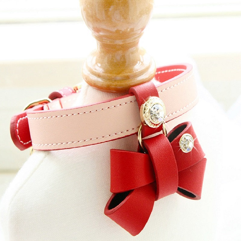 Handmade Red and Pink Bow Calf Leather Dog Collar with Rhinestone for Small Pets