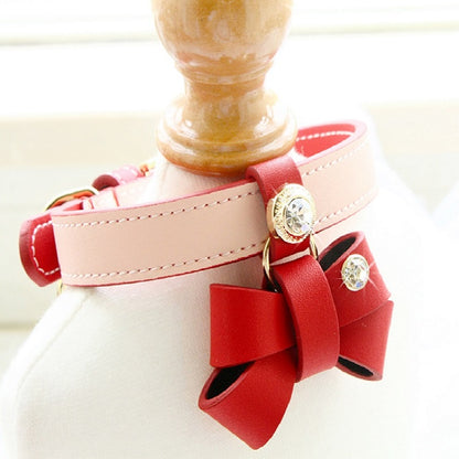 Handmade Red and Pink Bow Calf Leather Dog Collar with Rhinestone for Small Pets