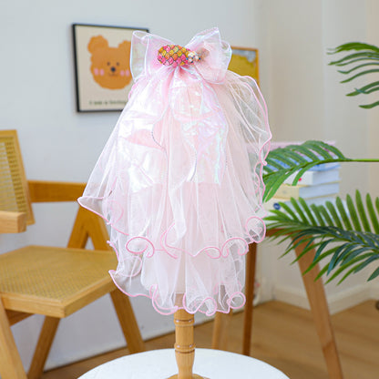 Pink iridescent pet veil with mermaid jeweled bow