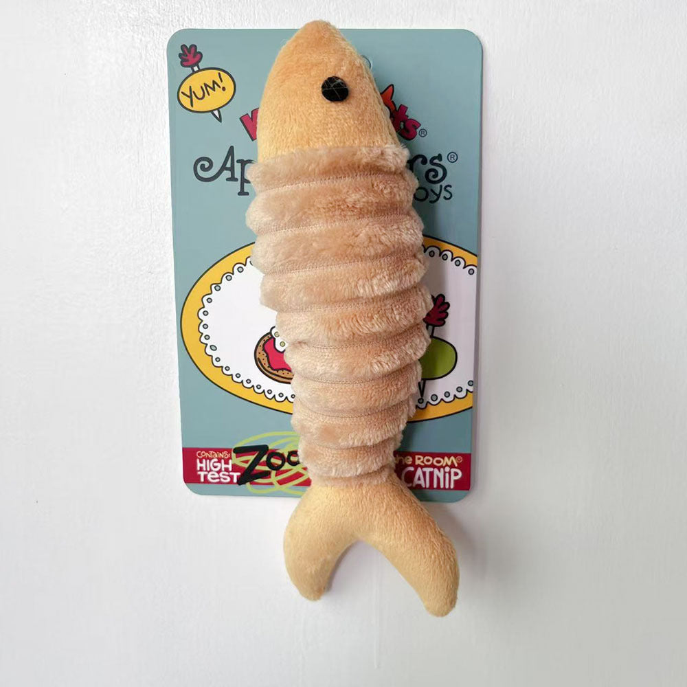 Peach fish-shaped Kitty Hoots catnip cat toy with soft ribbed body