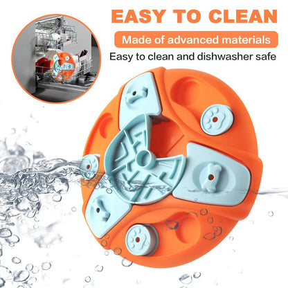 Orange base interactive pet puzzle feeder toy with blue sliding treat covers