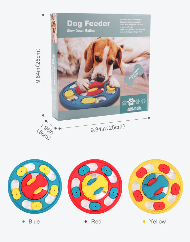 Dog feeder size display showing blue red yellow puzzle feeder colors