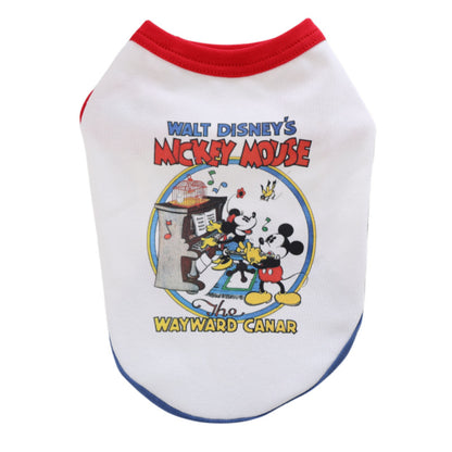 White sleeveless dog T-shirt with red and blue trim and retro music graphic