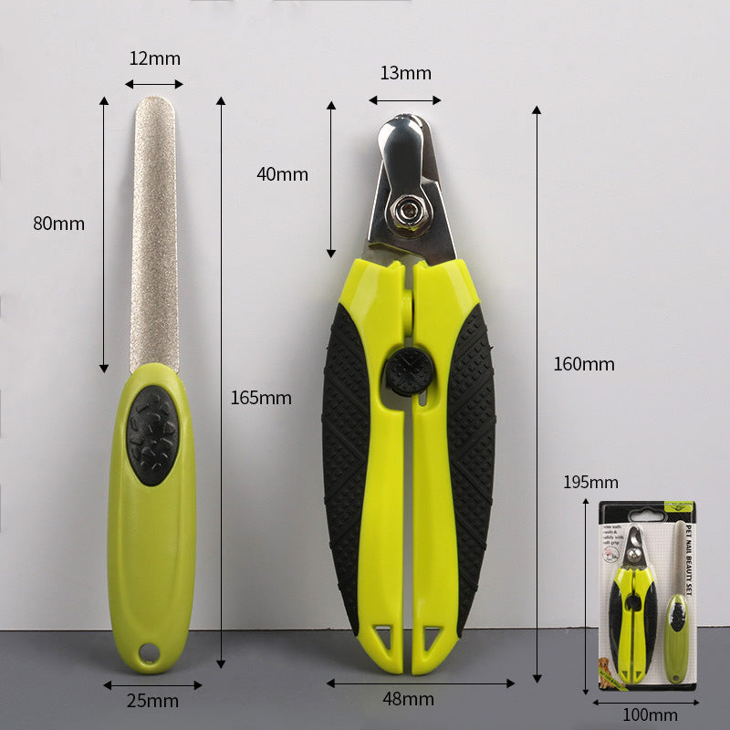 Pet nail clipper and file set with measurements shown