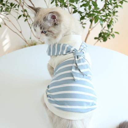Cat wearing the blue striped sailor shirt with back necktie detail