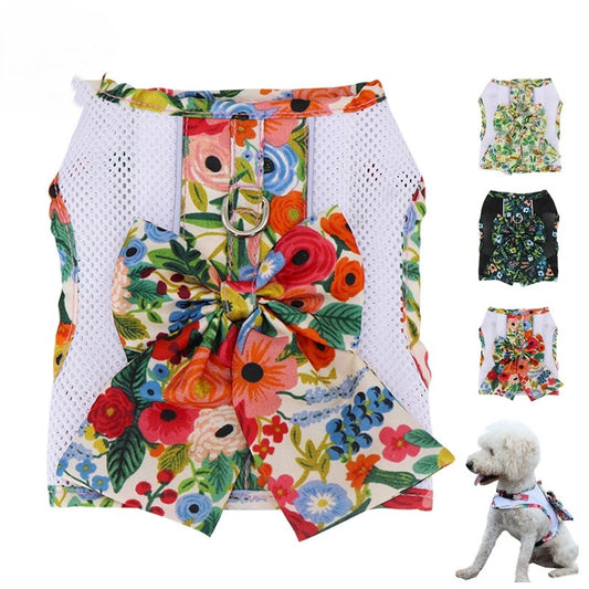 Floral Bow Mesh Dog Harness Dress with Leash