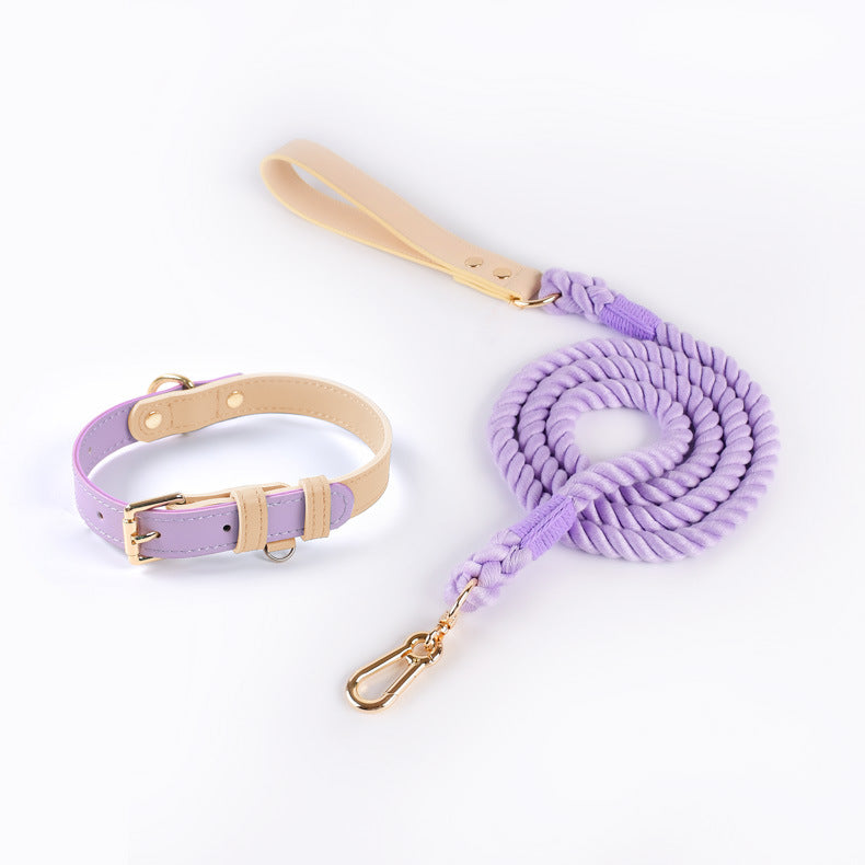 Luxury Pastel Dog Collar and Rope Leash Set – Adjustable Leather Pet Collar with Soft Cotton Lead for Small & Medium Dogs