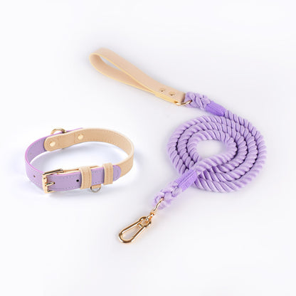 Luxury Pastel Dog Collar and Rope Leash Set – Adjustable Leather Pet Collar with Soft Cotton Lead for Small & Medium Dogs