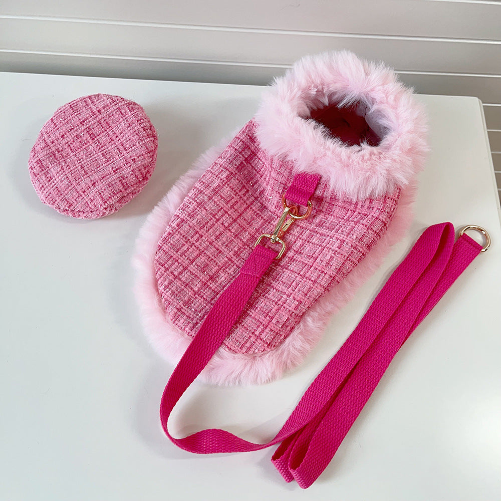 Dog cape+hat+leash sets pink tweed