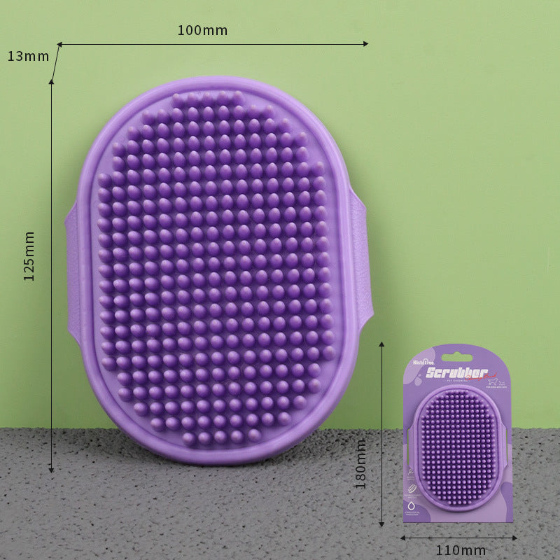 Purple TPR pet bath brush measurement diagram with rounded bristles