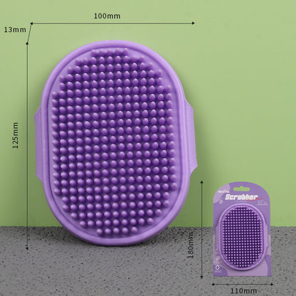 Purple TPR pet bath brush measurement diagram with rounded bristles