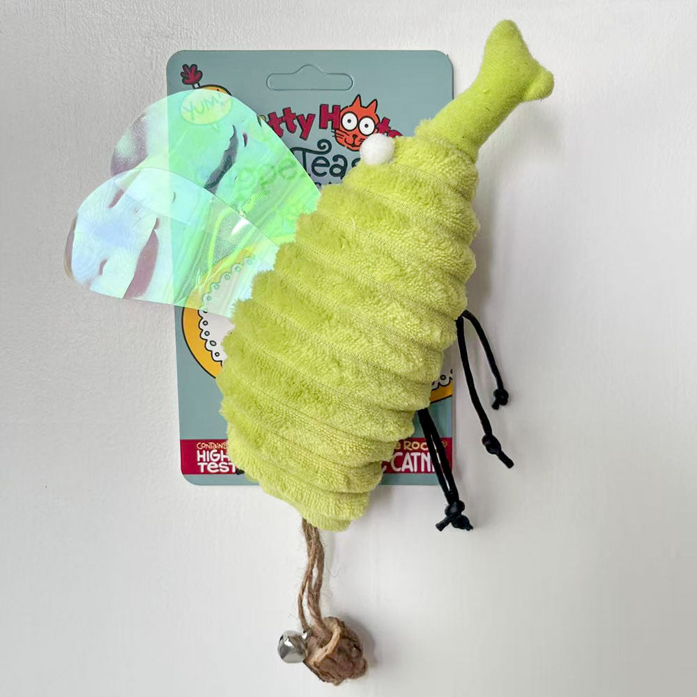 Lime green winged Kitty Hoots catnip cat toy with bell and sisal ball