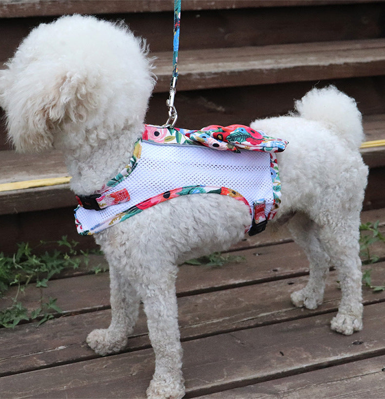 Floral Bow Mesh Dog Harness Dress with Leash