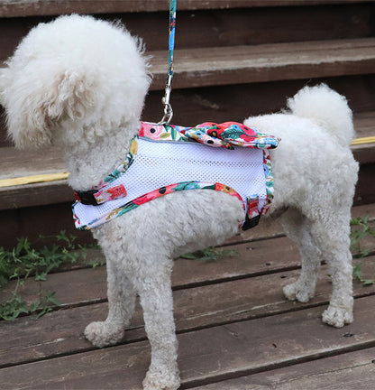 Floral Bow Mesh Dog Harness Dress with Leash