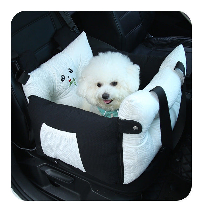 Black panda 2-in-1 pet car booster seat with small white dog inside