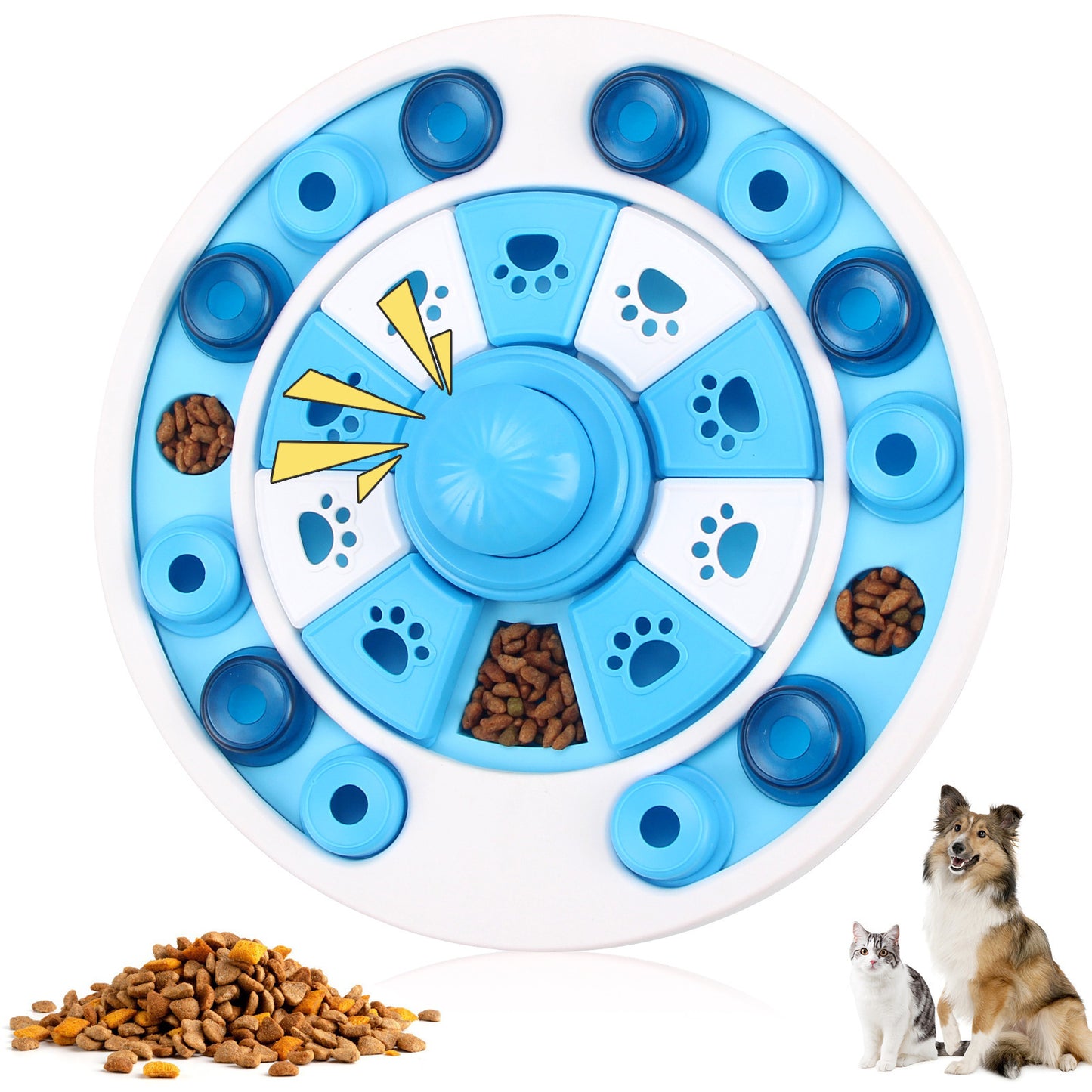 Blue and white round pet puzzle feeder with kibble compartments for cats and dogs