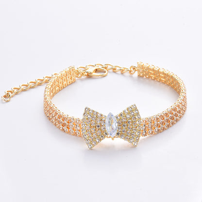 Luxury crystal bow pet necklace in gold rhinestone design