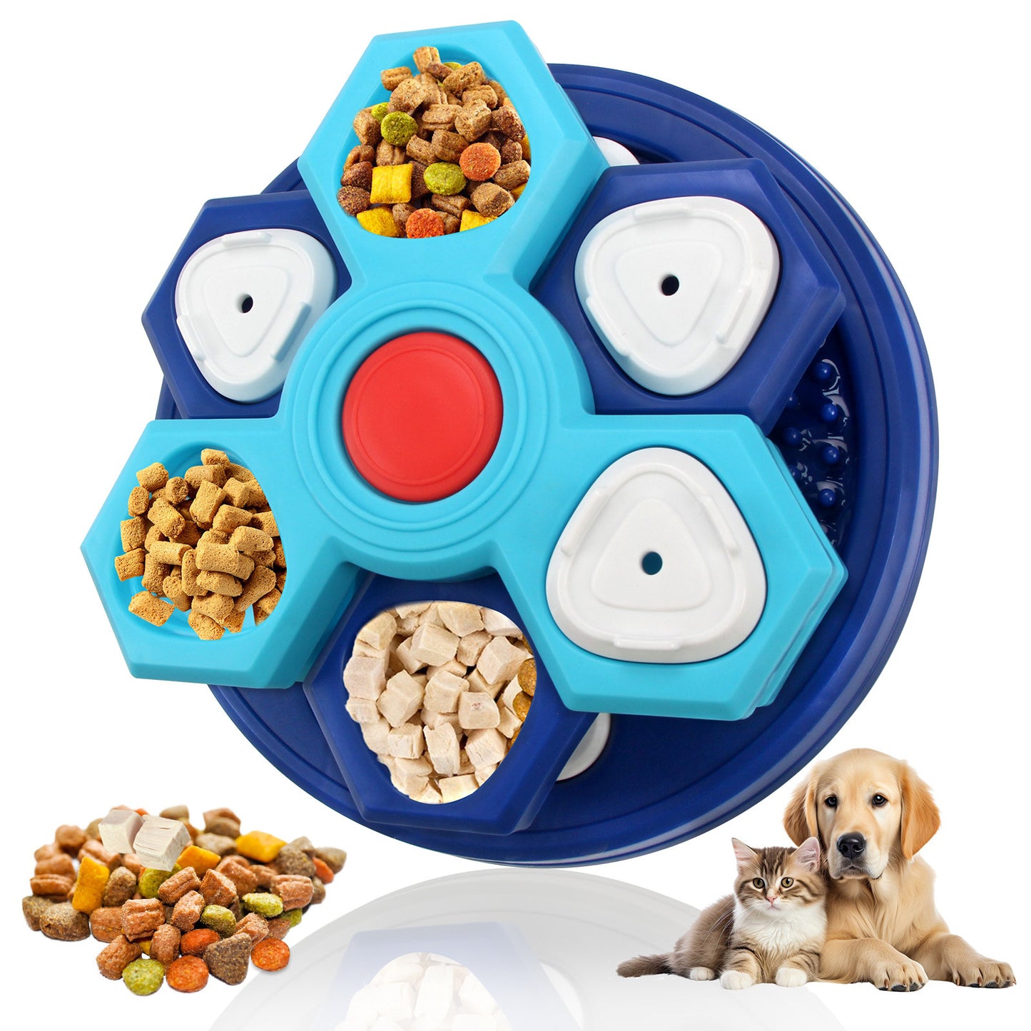 Blue red three layer dog puzzle feeder toy with stacked panels and treat pockets