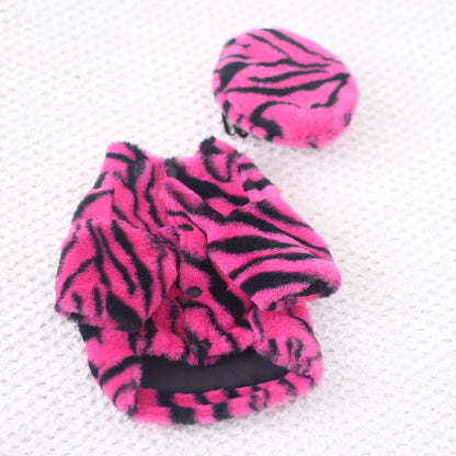 Pet Faux Fur Coat Plush Outfit with Hat Zebra Print