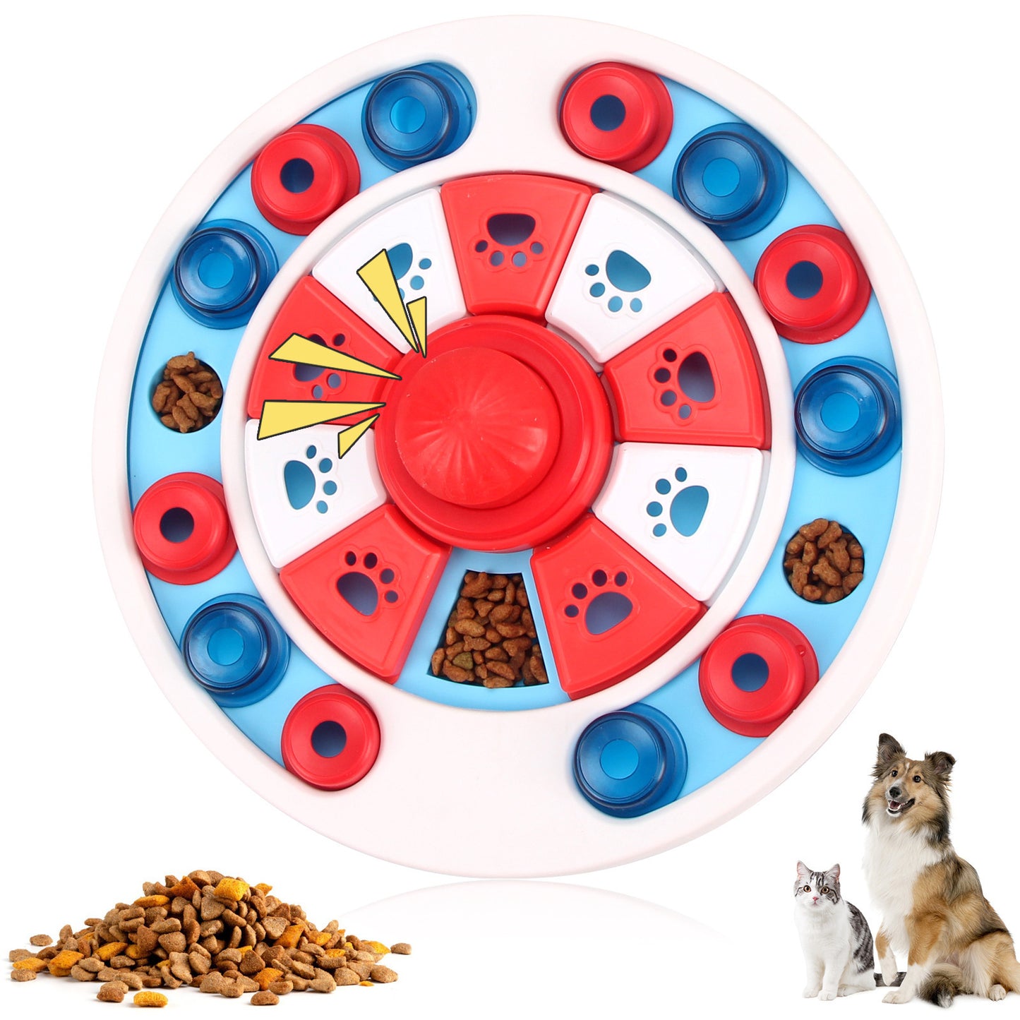 Red blue and white round dog puzzle feeder toy with sliding paw print covers