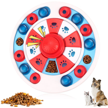 Red blue and white round dog puzzle feeder toy with sliding paw print covers