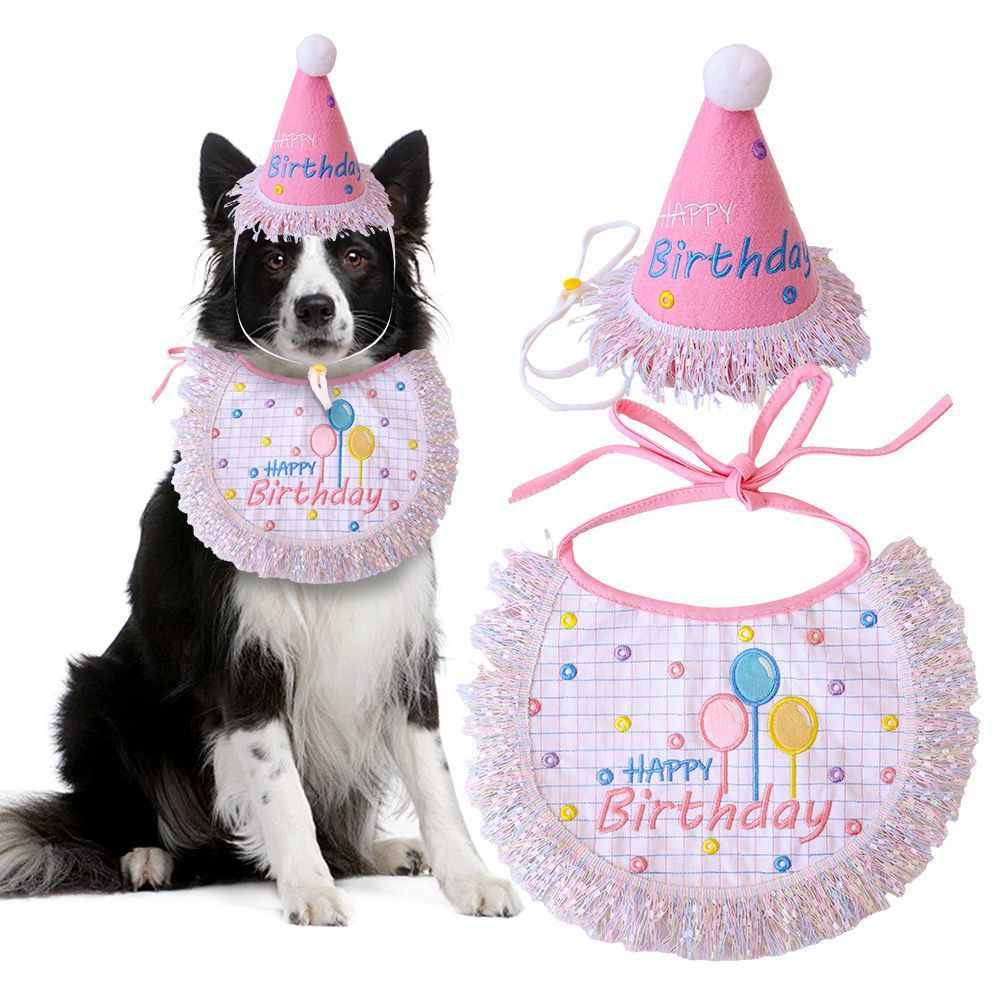 Pink Balloon Pet Birthday Hat and Bib Set