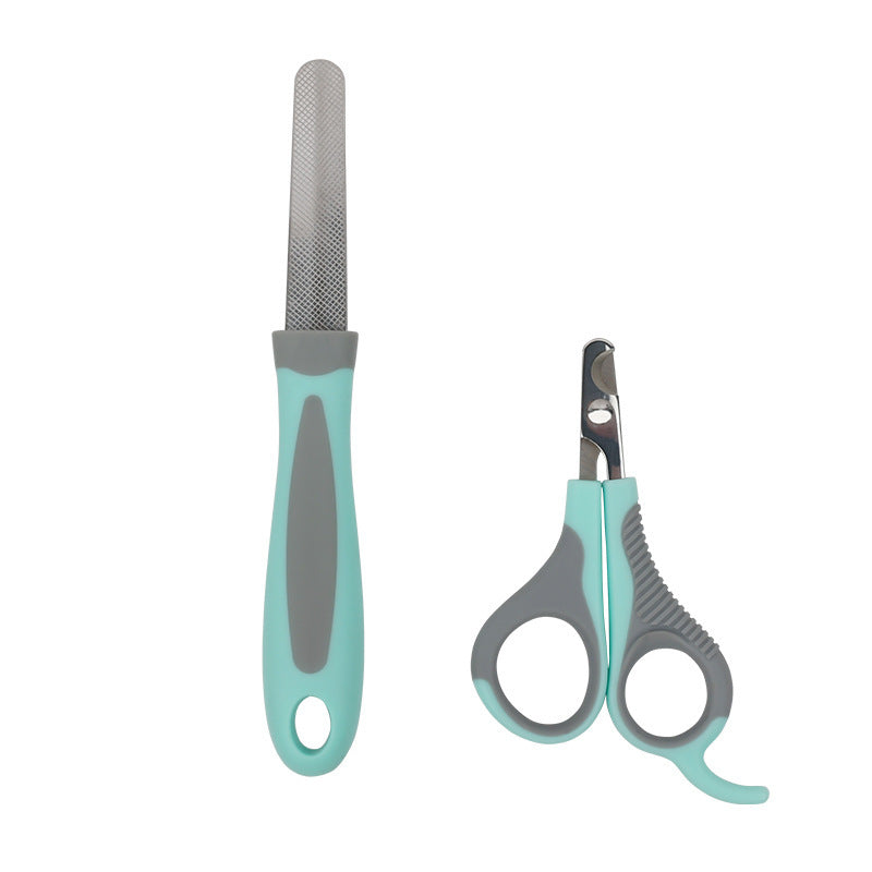 Mint and gray pet nail clipper and nail file set on white background