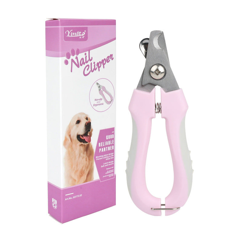 Purple pet nail clippers with curved cutting head and product box