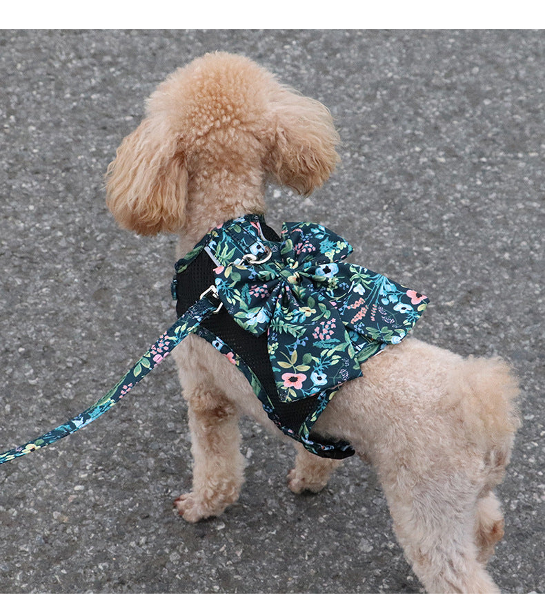 Floral Bow Mesh Dog Harness Dress with Leash